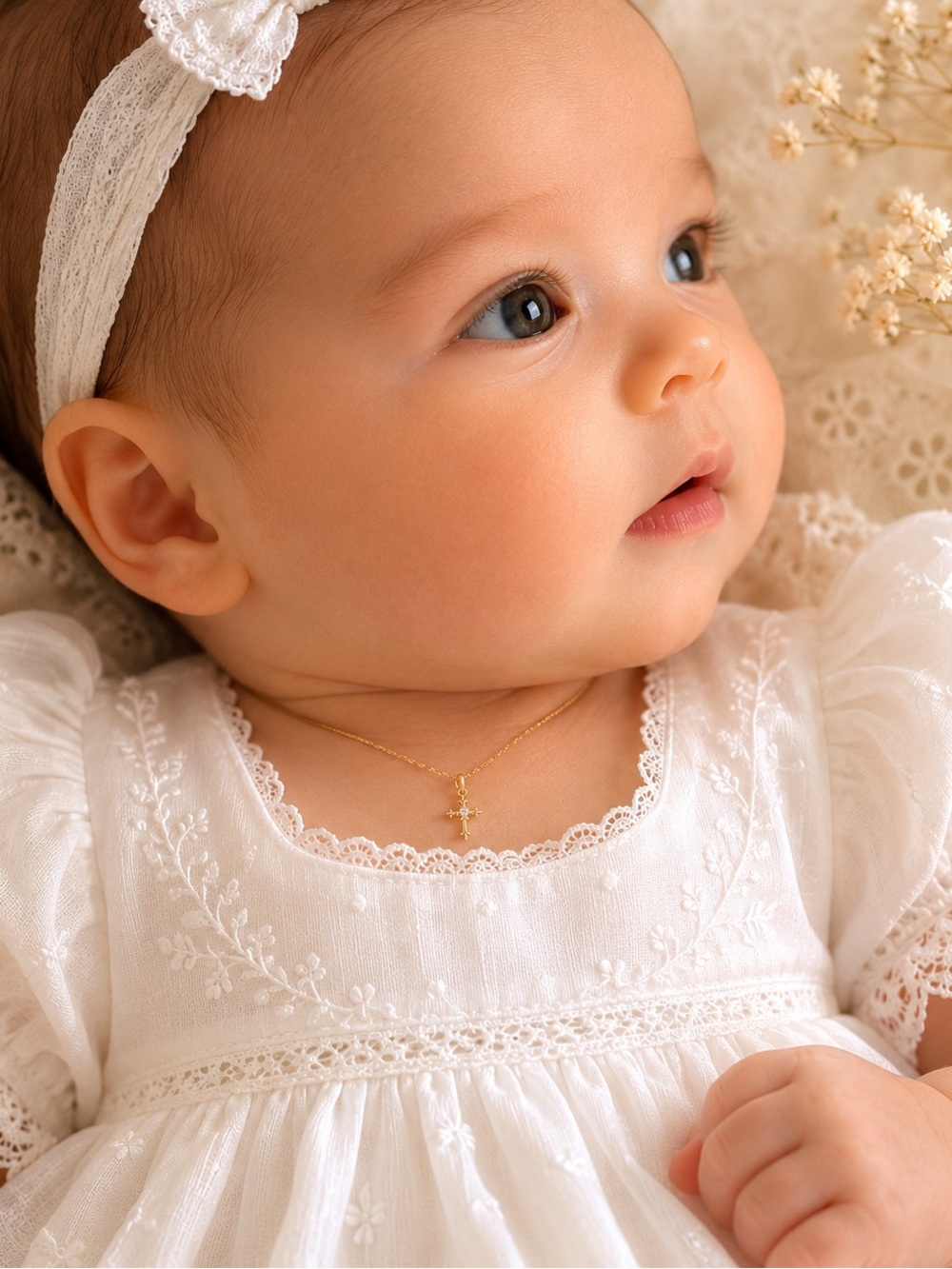 Delicate Gold Cross Necklace for Baby - White Dress Accessory